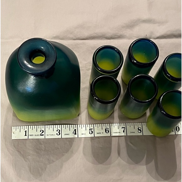 Handblown Mexican Decanter & Shot Glass Set-Painted Ombre Blue/Green/Yellow - Picture 11 of 16